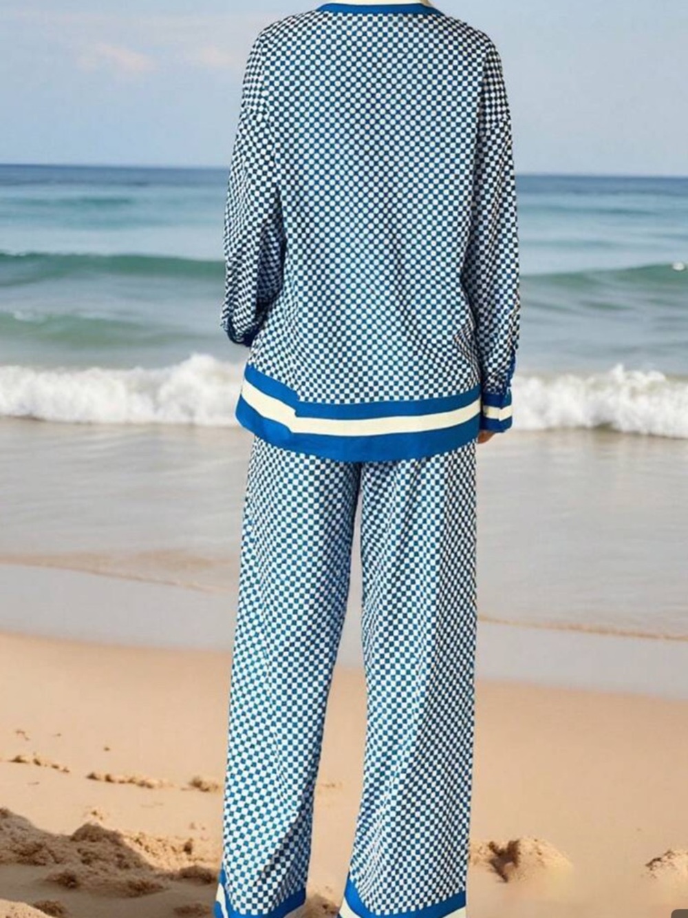 Blue Checkwide Fish-Print Wide Leg Pants - Picture 2 of 3